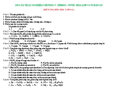 300 Câu trắc nghiệm Hóa học 8 - Chương 5 Hiđro  nước (Có đáp án)
